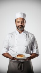 Poster - Generative AI Middle-aged male chef in chef attire, subtle smile, holding a dish, presenting proudly, against a plain white backdrop