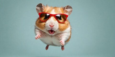 Wall Mural - Portrait of a joyful jumping hamster in sunglasses against a light background. Promotional banner with copy space. Creative animal concept.