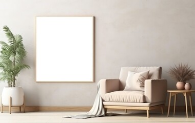 Wall Mural - Mock up poster frame in modern beige home interior. Minimalistic natural style. Toned colors. AI Generative.