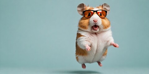 Wall Mural - Portrait of a joyful jumping hamster in sunglasses against a light background. Promotional banner with copy space. Creative animal concept.