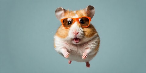 Wall Mural - Portrait of a joyful jumping hamster in sunglasses against a light background. Promotional banner with copy space. Creative animal concept.