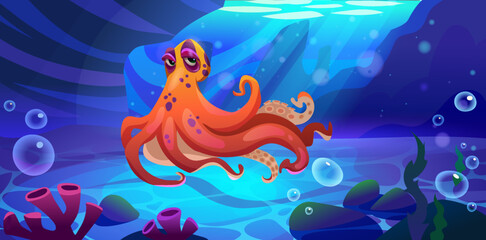 Wall Mural - Octopus cartoon character swimming underwater. Vector seabed landscape with corals, seaweeds and bubbles deep under water. Marine animal with tentacle and cute face on bottom of ocean or aquarium.