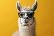 A cute llama wearing sunglasses in front of a yellow background