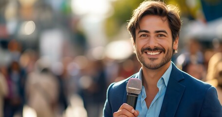 Wall Mural - Portrait of a handsome young man with microphone in the city.