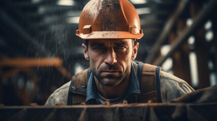Poster - Generative AI Portrait of a builder pouring cement, skilled and efficient, construction equipment and materials in the background
