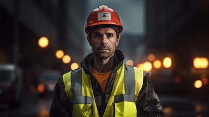 Poster - Generative AI Portrait of a road worker in reflective gear, holding a stop sign, controlling traffic flow at a construction site