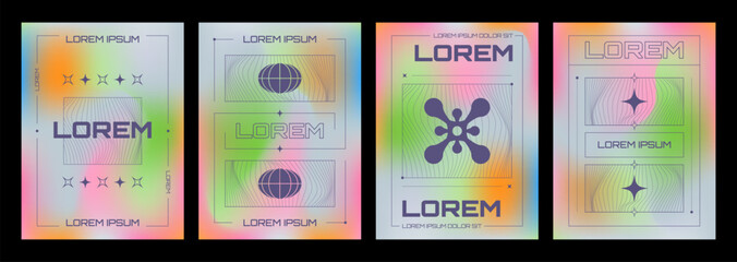 Fototapete - Y2k style poster design template with gradient fluid color blur background, abstract grid patterns and ornaments, simple geometric sticker icons and typography. Vector minimal banner layout set.