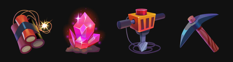 Wall Mural - Mine instruments set isolated on black background. Vector cartoon illustration of bundle of dynamite on fire, pink mineral crystals, perforator, pickaxe tool, mining equipment, game ui assets kit