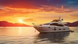 Realistic photo of a deluxe yacht anchored during sunset, well-off vacationers savoring the view, extravagant settings, and the warm glow of the setting sun Generative AI