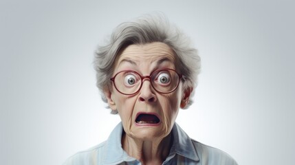 Poster - Generative AI Senior female professor, displaying surprise and curiosity, with widened eyes and raised eyebrows, set against a white backdrop