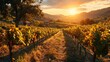 Serene vineyard landscape, rows of grapevines, rustic winery, sunset casting warm hues Generative AI