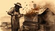 Generative AI Sketch-style drawing of a beekeeper using a smoker to calm bees during hive inspection
