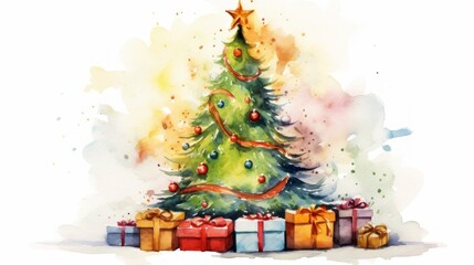 Poster - Generative AI Sticker, flat, cartoon, Christmas tree, surrounded by gifts, white background aquarelle