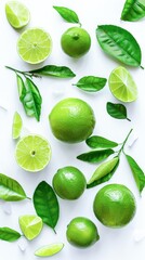 Sticker - Fresh Whole and Sliced Limes With Green Leaves on White Background