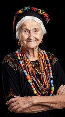 Poster - Stock image of a grandma in traditional clothing against a plain white background Generative AI