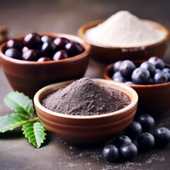 Poster - Stock image of acai berries and powder in bowls, superfood with antioxidant properties Generative AI