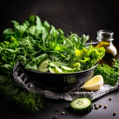 Poster - Stock image of fresh salad greens and herbs in a bowl, ingredients for healthy and nutritious meals Generative AI