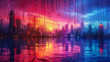 A surreal cascade of pixelated raindrops converging into a neon river beneath a fractal city skyline.