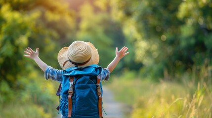 Canvas Print - A person with a hat and backpack standing on a path