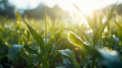 Poster - Generative AI Sunrise over a picturesque cornfield, with dewdrops glistening on the leaves, evoking a serene ambiance.