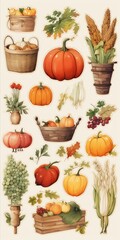 Fototapete - Generative AI Thanksgiving-themed grocery art sticker collection featuring pumpkins, cranberries, and seasonal vegetables in atmospheric watercolor tones with loose linework details
