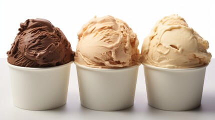 Poster - Three scoops of indulgent coffee-flavored ice cream showcased in a close-up realistic photo against a white background Generative AI