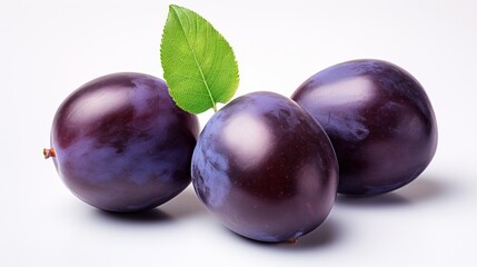 Poster - Three ripe plums captured in a close-up realistic photo against a white background Generative AI