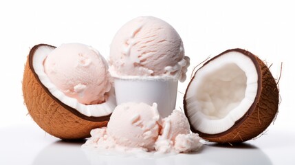 Poster - Three scoops of tropical coconut ice cream showcased in a close-up realistic photo against a white background Generative AI
