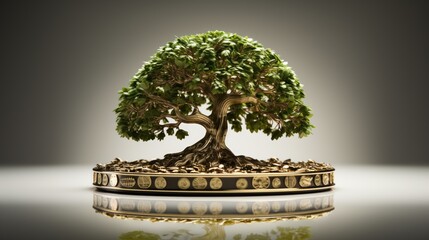 Poster - Generative AI Ultra-realistic visual representation featuring a tree on a white backdrop as a symbol of the strength of capital growth beside a coin. Detailed and lifelike depiction showcasing the syn