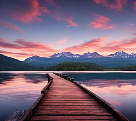Wall Mural - a vibrant sunset paints the sky over a serene lake. generative ai