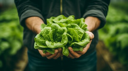 Poster - close-up of a man's hands holding a pile of lettuce leaves, harvesting in a greenhouse Generative AI