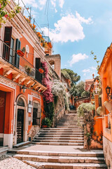 Wall Mural - beautiful old buildings, streets, stairs and alley ways in the town of taormina, cantania, sicily, i