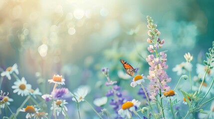 Wall Mural - Beautiful wild flowers chamomile, purple wild peas, butterfly in morning haze in nature close-up macro. Landscape wide format, copy space, cool blue tones. Delightful pastoral airy artistic image.