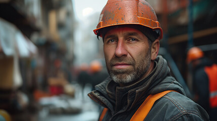 Portrait of a ma in uniform and helmet on the building background, concept of civil engineering