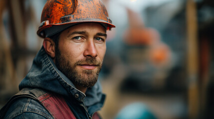 Portrait of a ma in uniform and helmet on the building background, concept of civil engineering