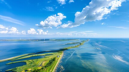 Poster - offshore windmill park with clouds and a blue sky, windmill park in the ocean aerial view with wind turbine Flevoland Netherlands Ijsselmeer. Green energy