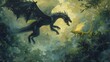 Oil painting artistic image of a large male black aggressive dragon flying over a foggy lush green forrest flying next to a baby shiny glowing golden dragon fantasy