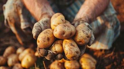 Wall Mural - Mature farmer with freshly harvested raw potatoes