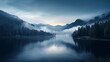 © Nu Ai generated imag - landscape of foggy lake with overcast sky and dark scenery at the morning, mysterious lake background and wallpaper