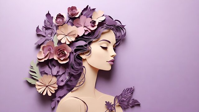 International Women's Day floral decorations with a woman's head paper art style with a frame of different color flowers on a pastel color background, woman head paper cut card, AI generated
