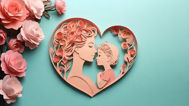 Happy Mother's Day greeting card of papercut mom and daughter in a heart shape with flowers in pastel colors, AI generated