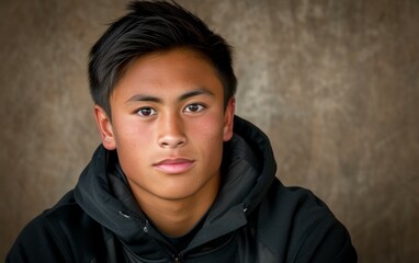 Wall Mural - A young man with a multiracial background wearing a black hoodie is making direct eye contact with the camera