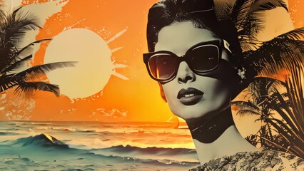 Poster - Woman and fashion at tropical beach abstract background. Retro style. Generative ai.