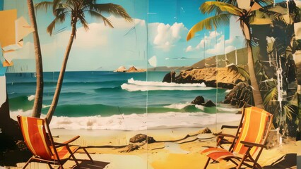 Poster - Retro tropical beach with collage art abstract background. Generative ai.