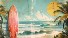 Surfboard On Tropical Beach Abstract Background. Vintage Tone Color Style. Generative Ai