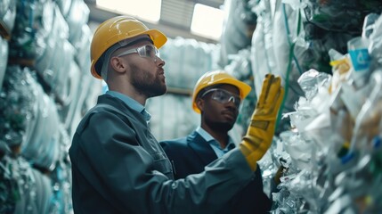 Canvas Print - Engineers examining recycled material samples, dedication to a greener planet.