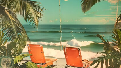 Poster - Retro tropical beach with collage art abstract background. Generative ai.