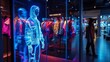 A holographic mannequin displays the latest fashion trends enticing shoppers to try on the outfits virtually before purchasing.