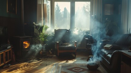 Wall Mural - Fire inside the house. Burning room. Interior and furniture in flames. Smoke, fire and soot