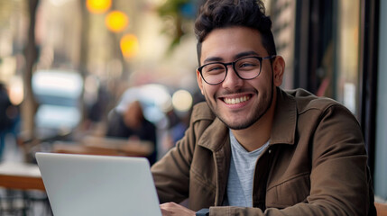 Poster - Cheerful young man working on laptop at cafe. Remote work and technology.